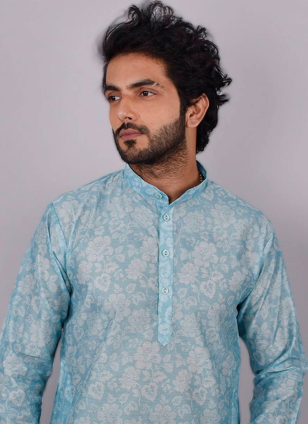 Kurta Pyjama Silk Blue Print Mens