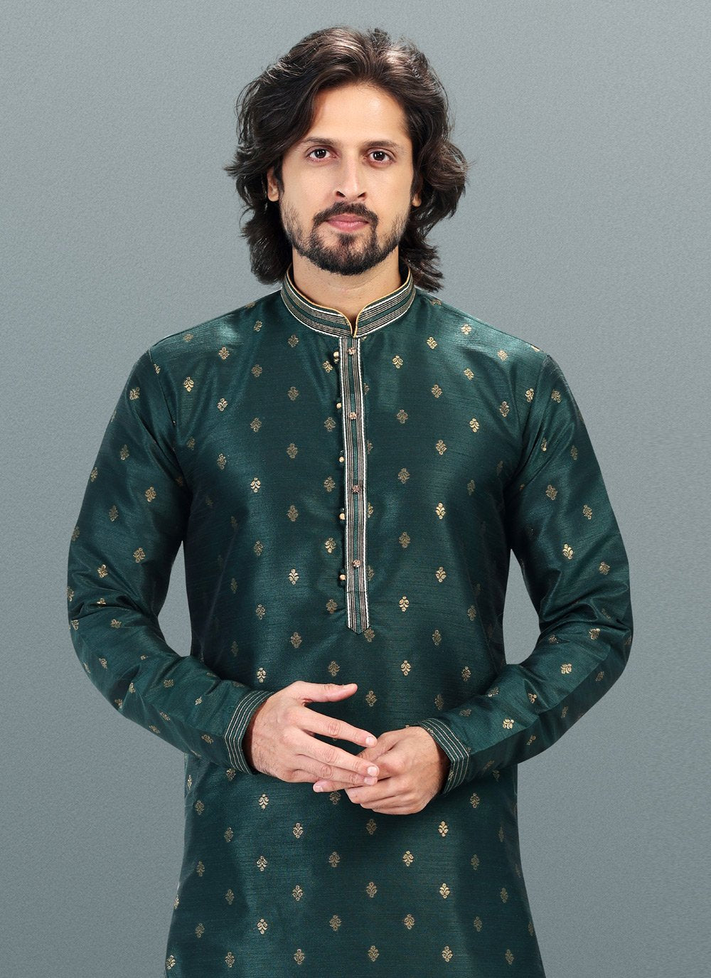 Kurta Pyjama Banarasi Silk Jacquard Green Fancy Work Mens