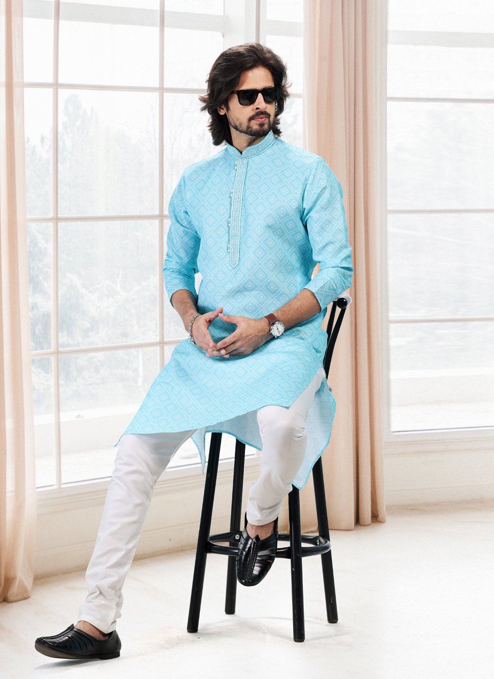 Kurta Pyjama Cotton Firozi Fancy Work Mens