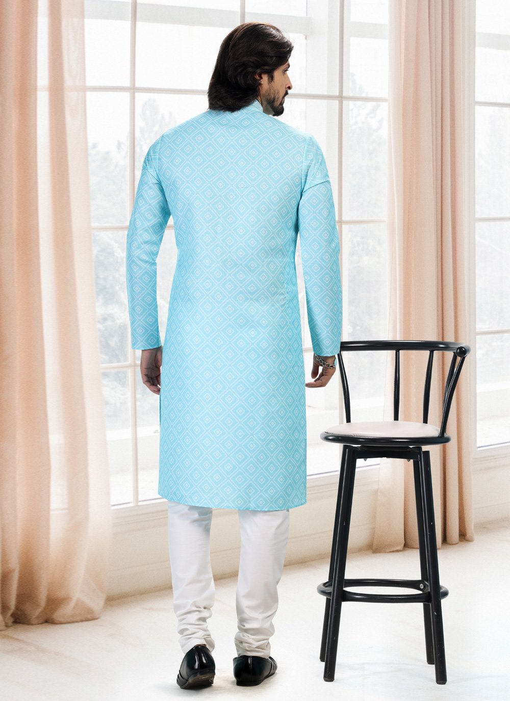 Kurta Pyjama Cotton Firozi Fancy Work Mens