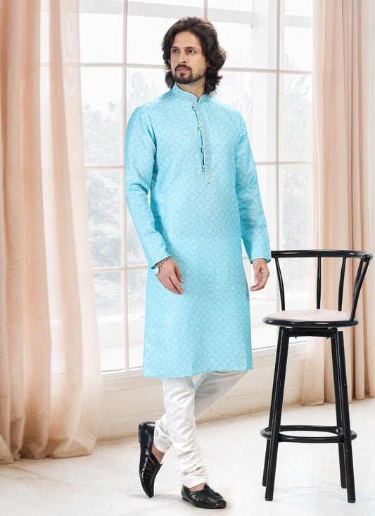 Kurta Pyjama Cotton Firozi Fancy Work Mens