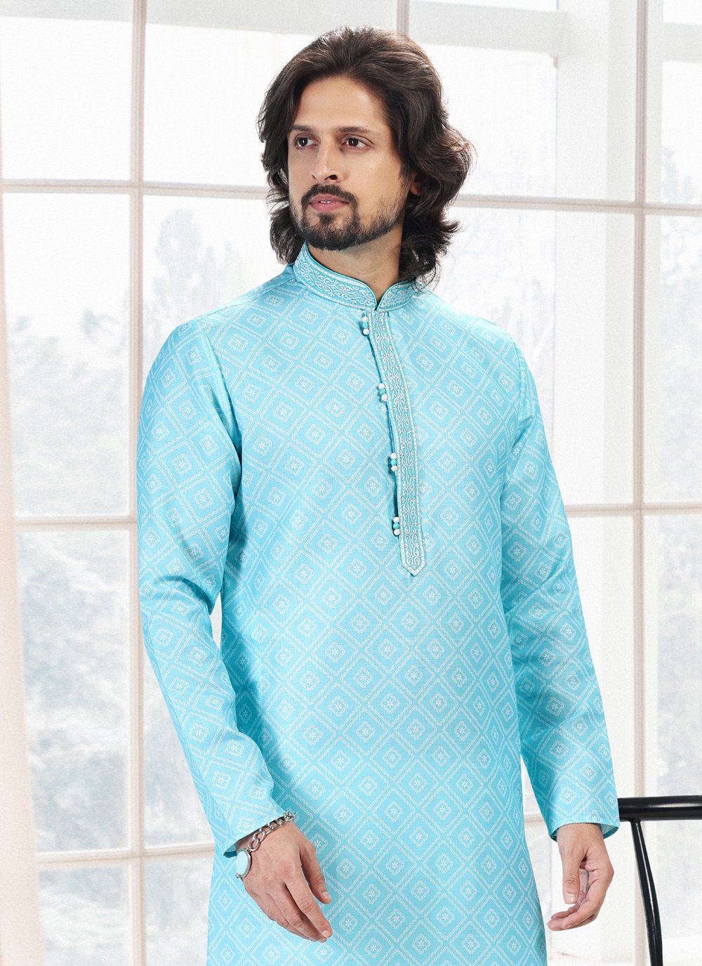 Kurta Pyjama Cotton Firozi Fancy Work Mens