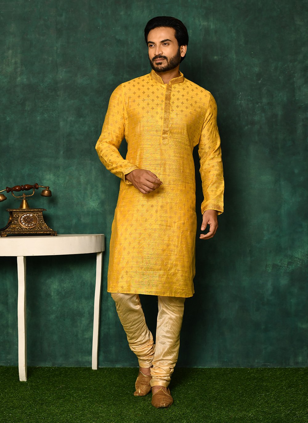 Kurta Pyjama Art Silk Yellow Woven Mens