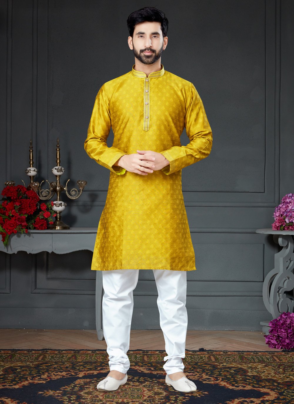 Kurta Pyjama Silk Gold Embroidered Mens