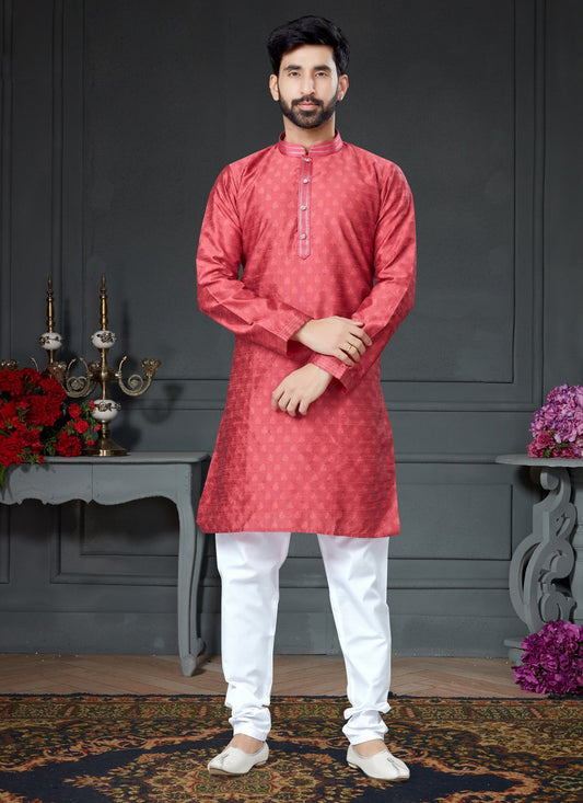 Kurta Pyjama Silk Pink Embroidered Mens