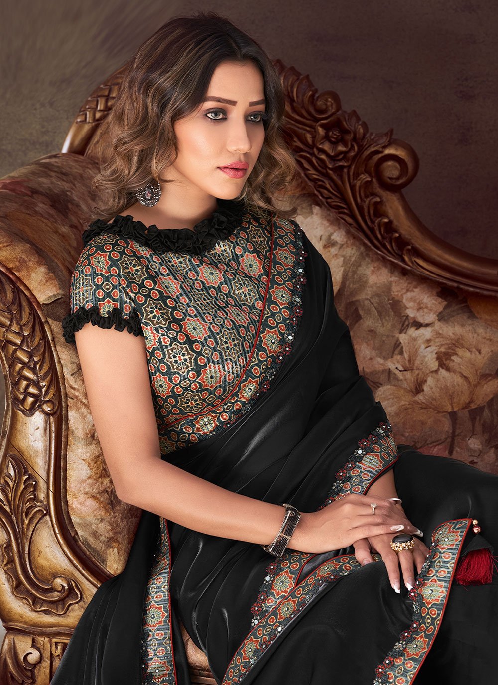 Classic Georgette Organza Silk Black Lace Saree