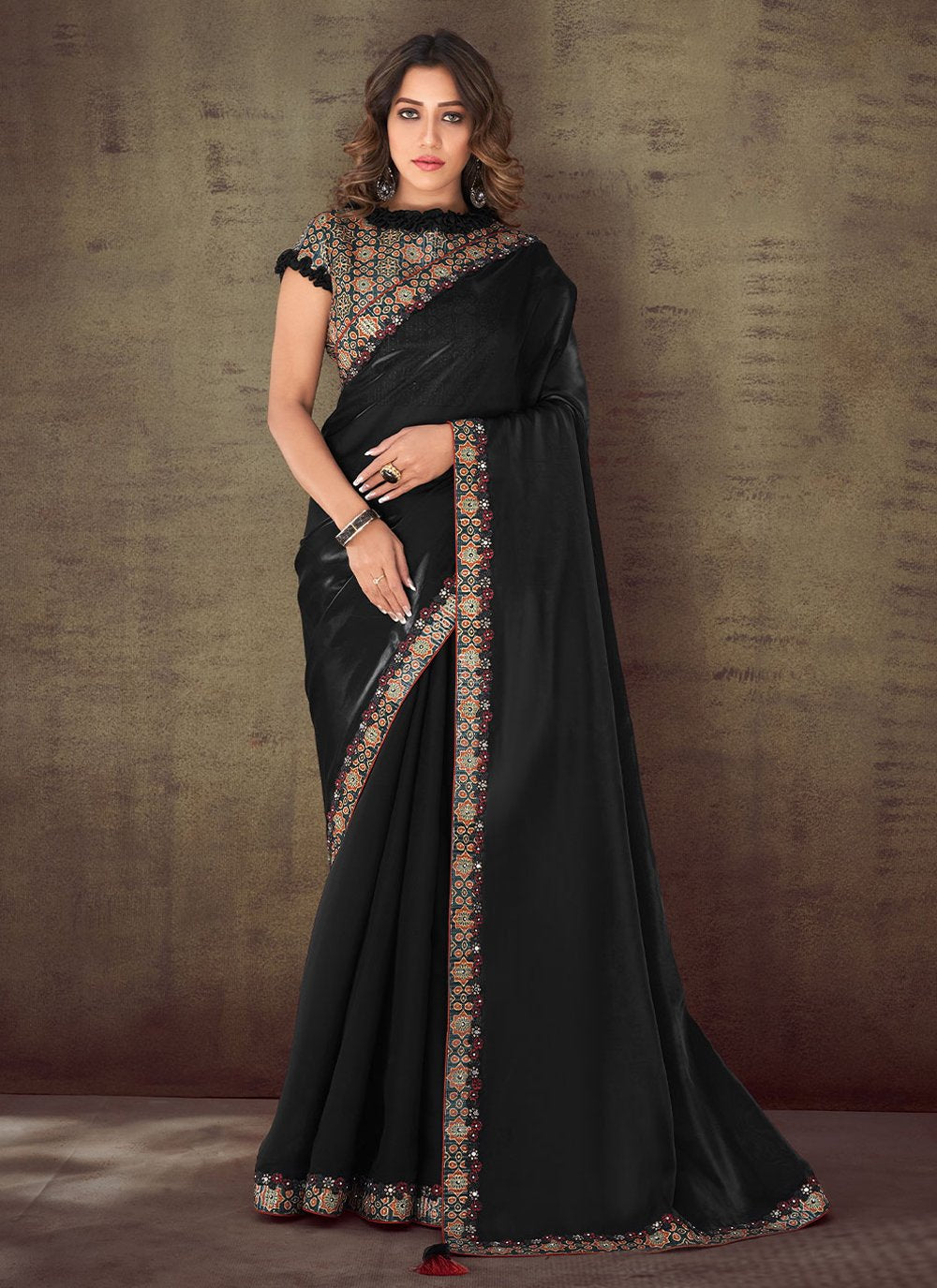 Classic Georgette Organza Silk Black Lace Saree