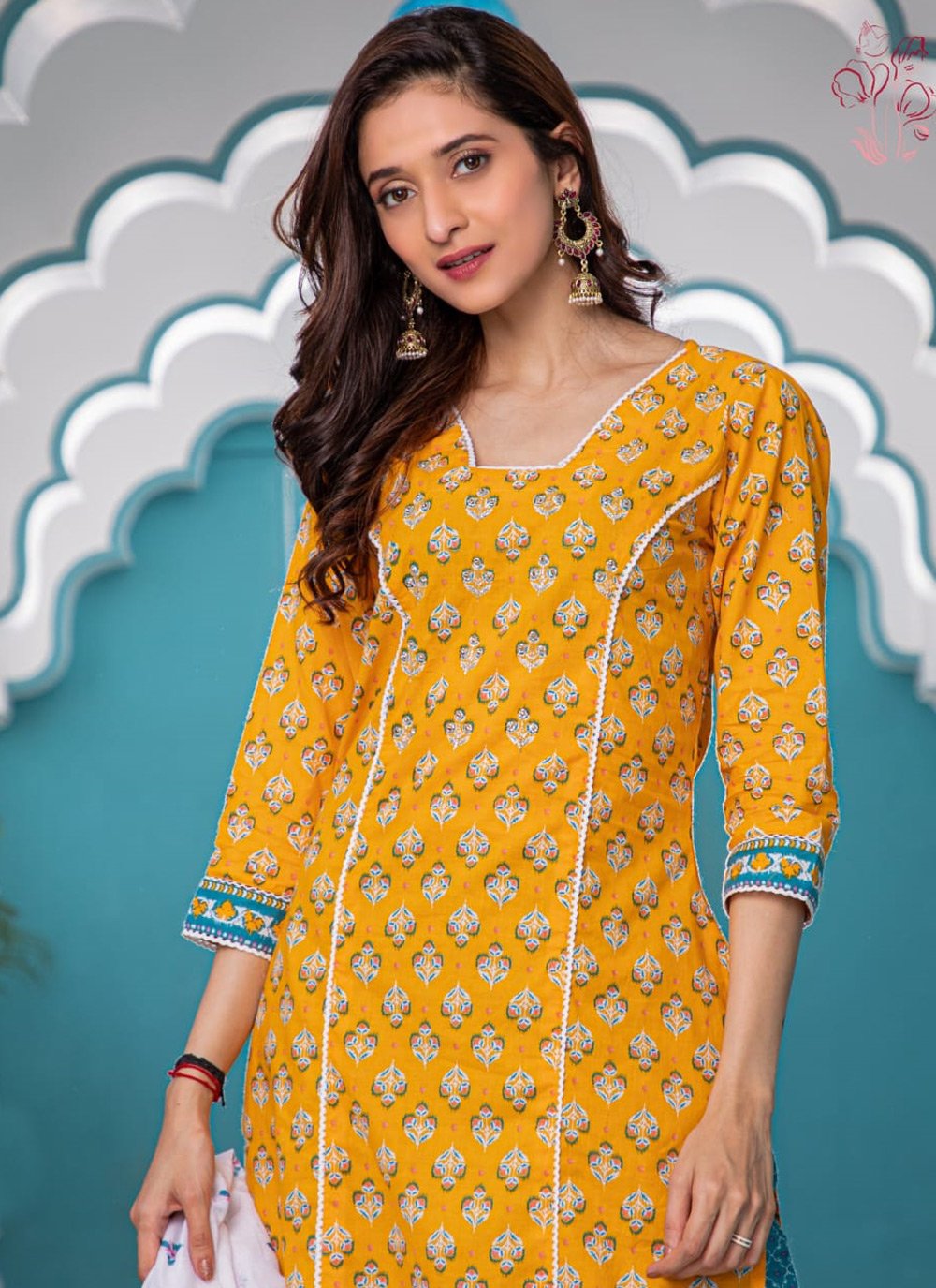 Designer Kurti Cotton Blue Yellow Fancy Work Kurtis