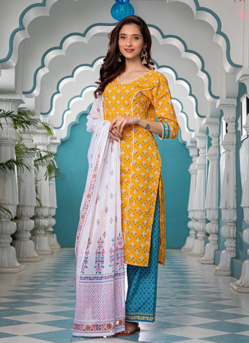 Designer Kurti Cotton Blue Yellow Fancy Work Kurtis