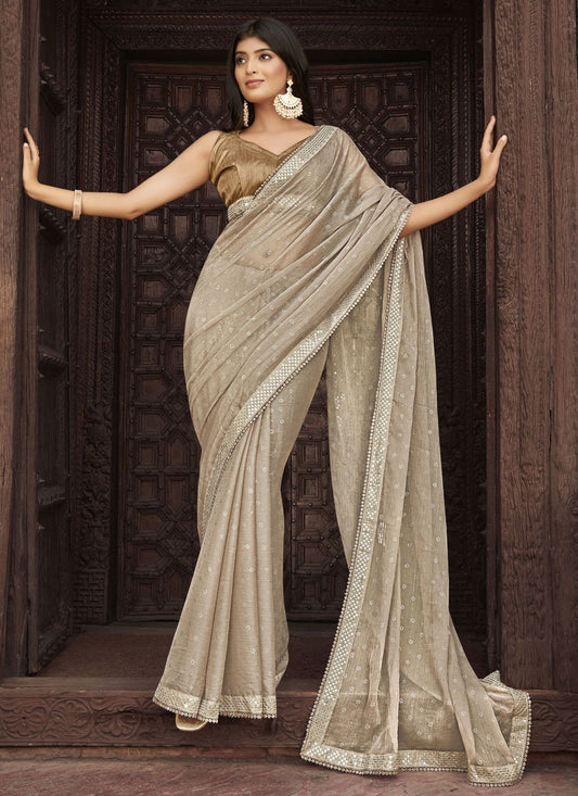 Classic Chiffon Brown Embroidered Saree