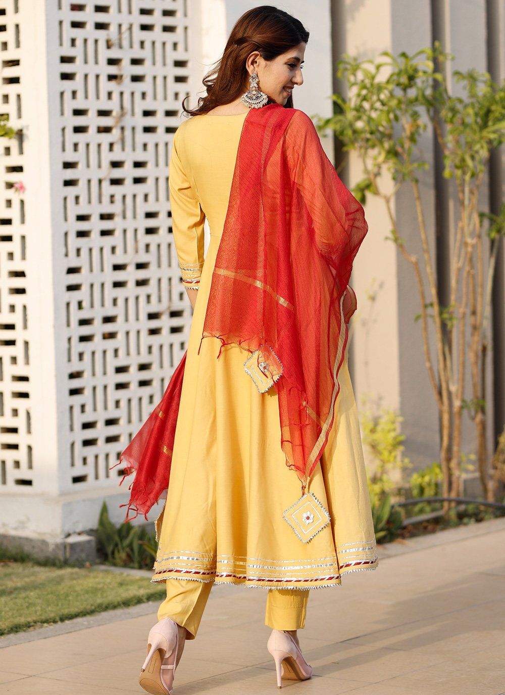 Anarkali Suit Rayon Yellow Lace Salwar Kameez