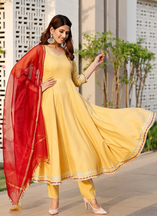 Anarkali Suit Rayon Yellow Lace Salwar Kameez