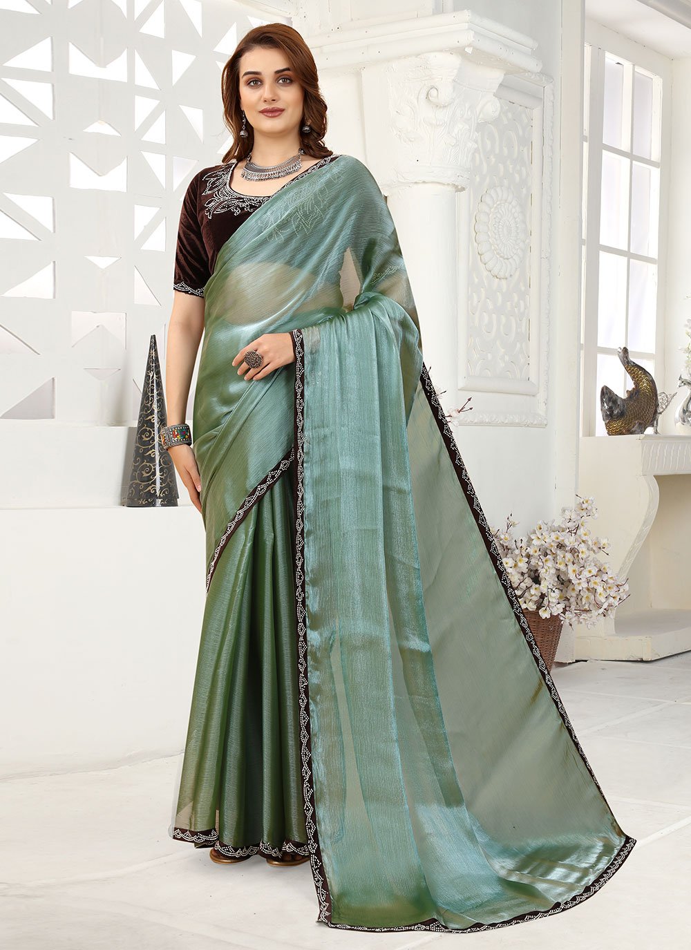 Trendy Saree Organza Green Lace Saree