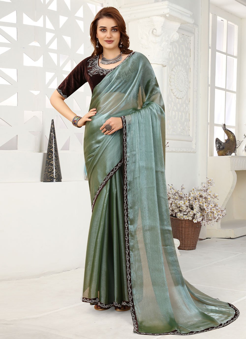 Trendy Saree Organza Green Lace Saree