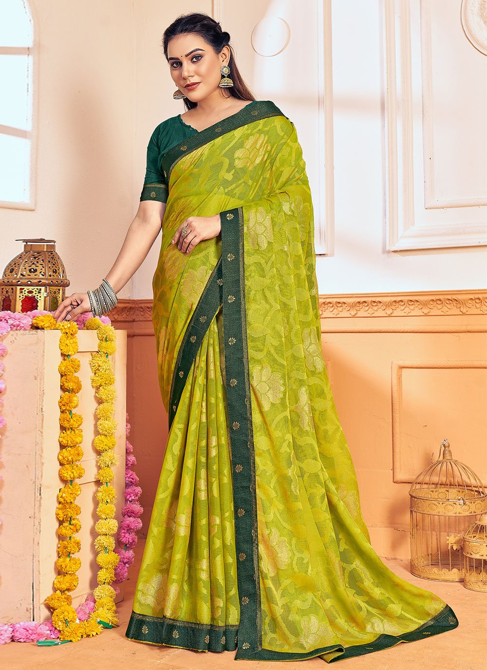 Classic Brasso Chiffon Green Foil Print Saree