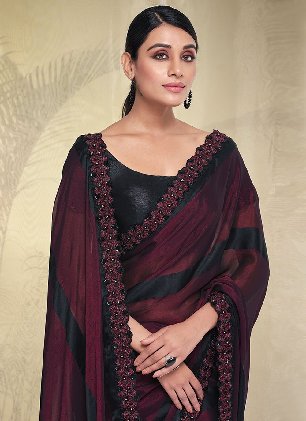 Contemporary Georgette Burgundy Lace Saree