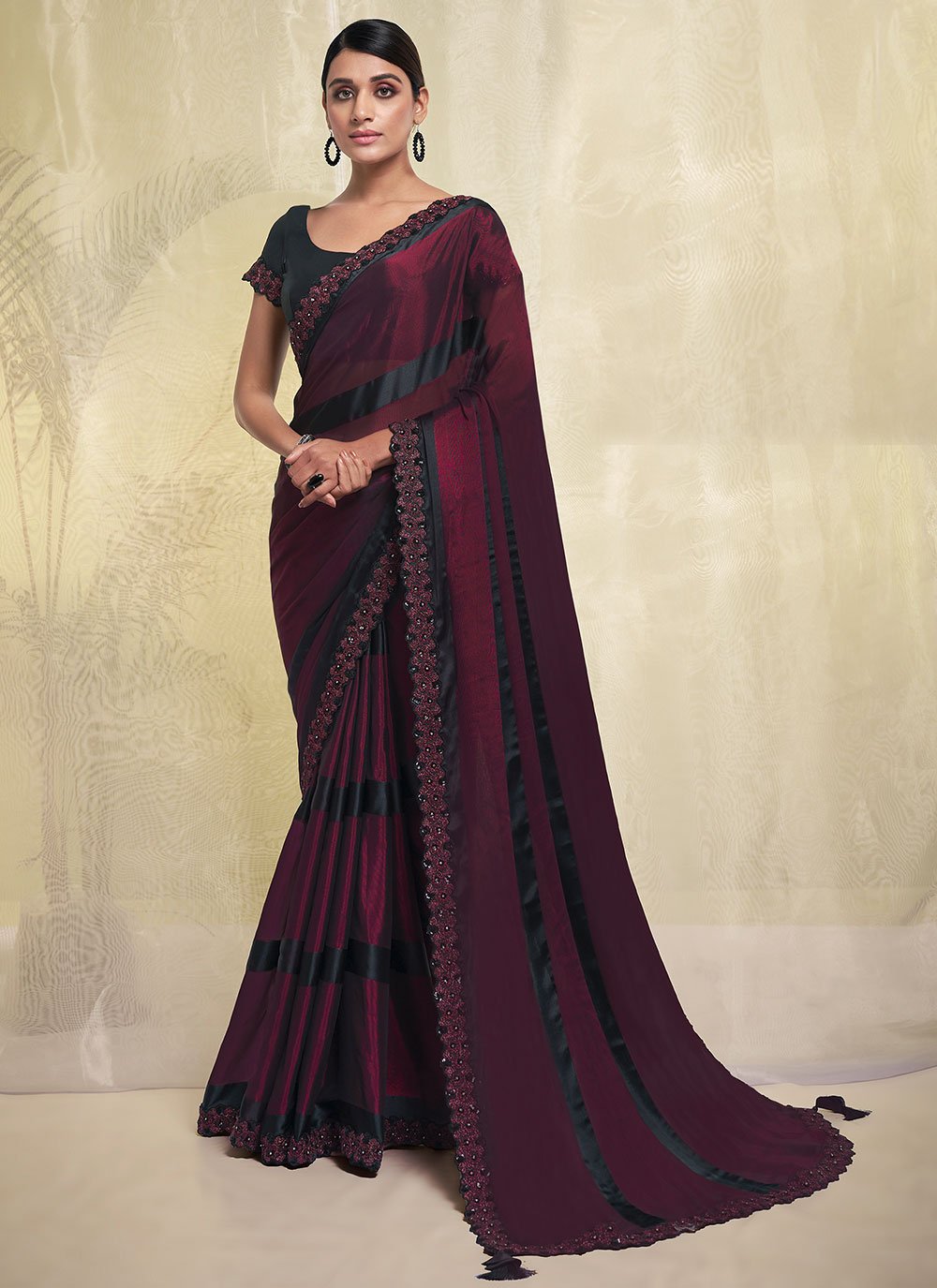 Contemporary Georgette Burgundy Lace Saree