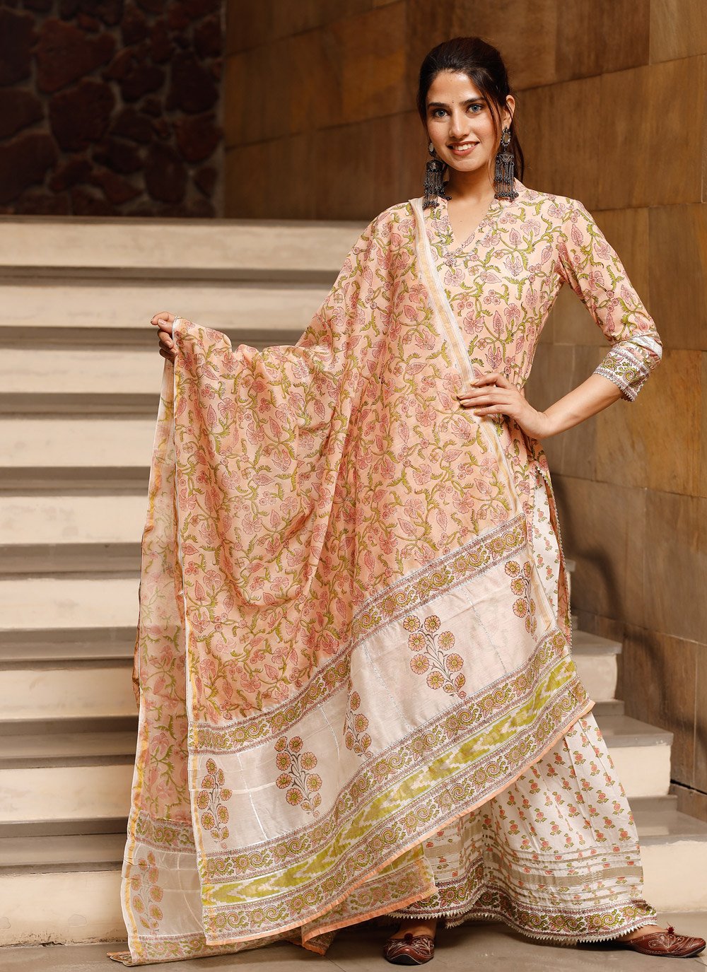 Pant Style Suit Cotton Peach Lace Salwar Kameez