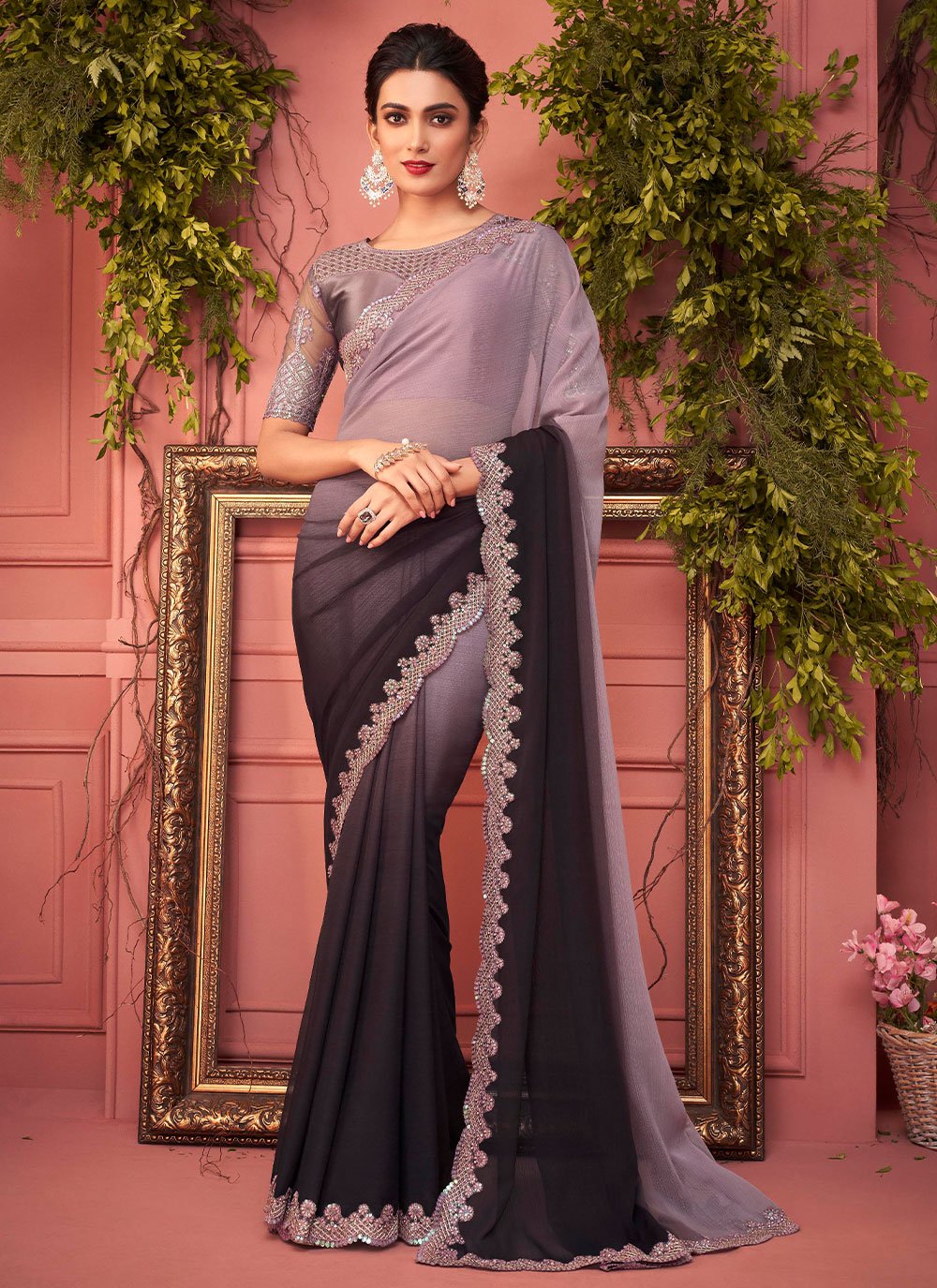 Designer Chiffon Purple Lace Saree