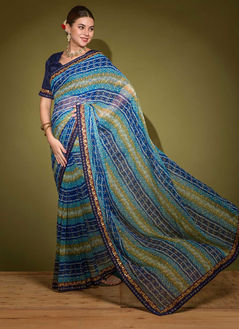 Classic Georgette Blue Foil Print Saree