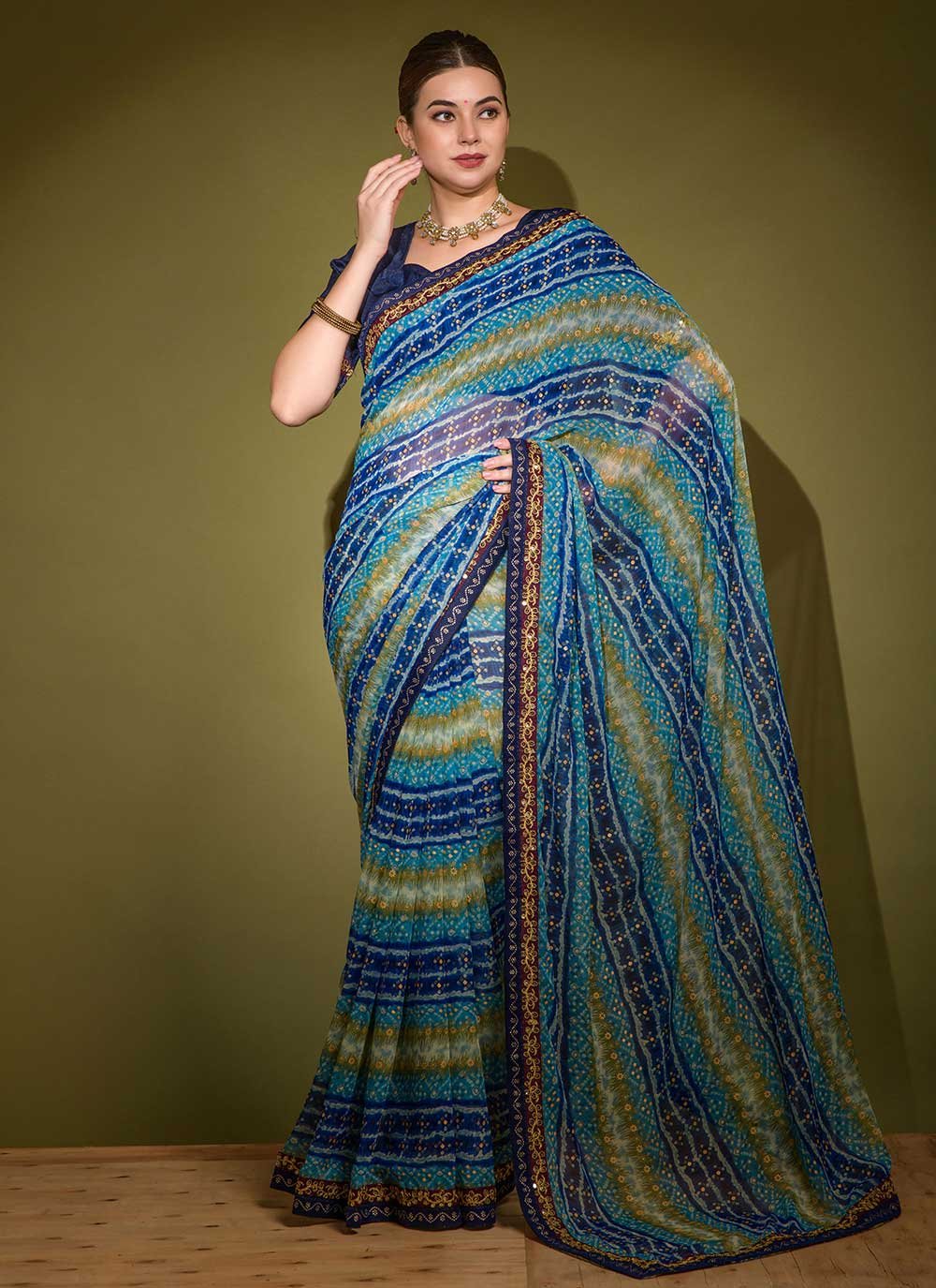 Classic Georgette Blue Foil Print Saree