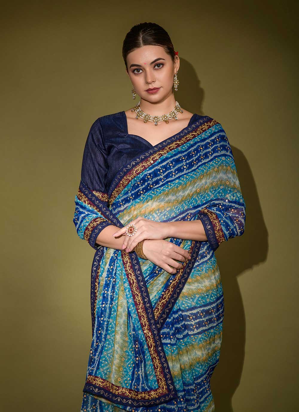 Classic Georgette Blue Foil Print Saree