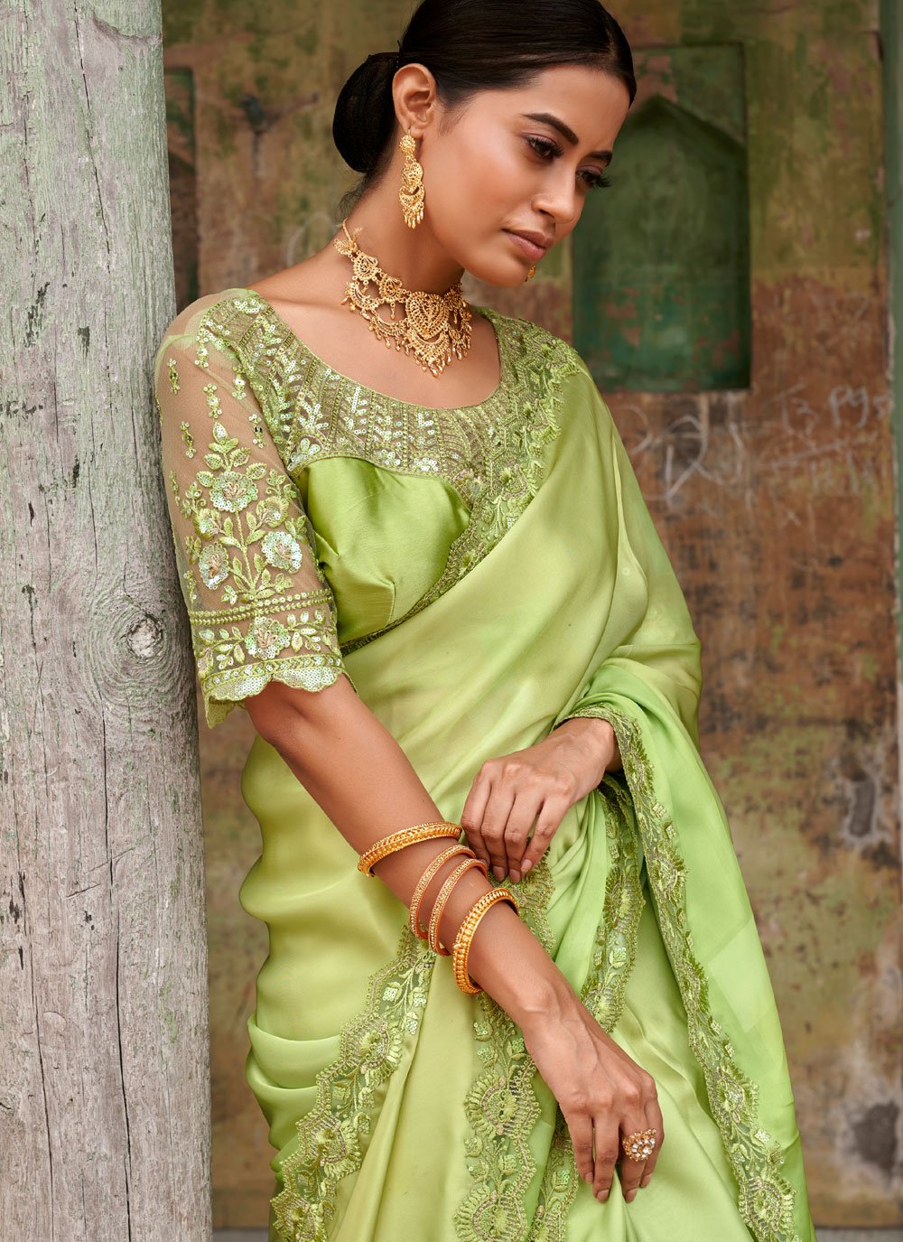 Trendy Saree Satin Green Embroidered Saree