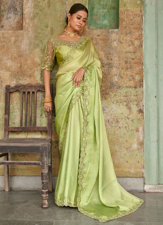 Trendy Saree Satin Green Embroidered Saree