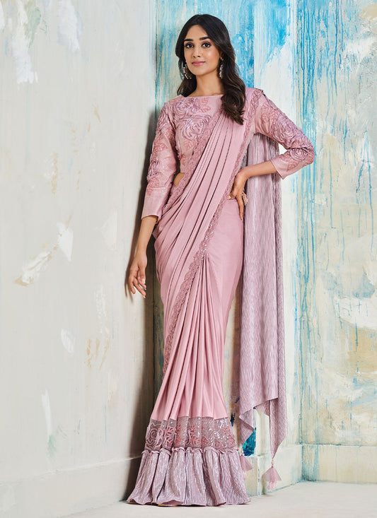 Classic Lycra Pink Embroidered Saree