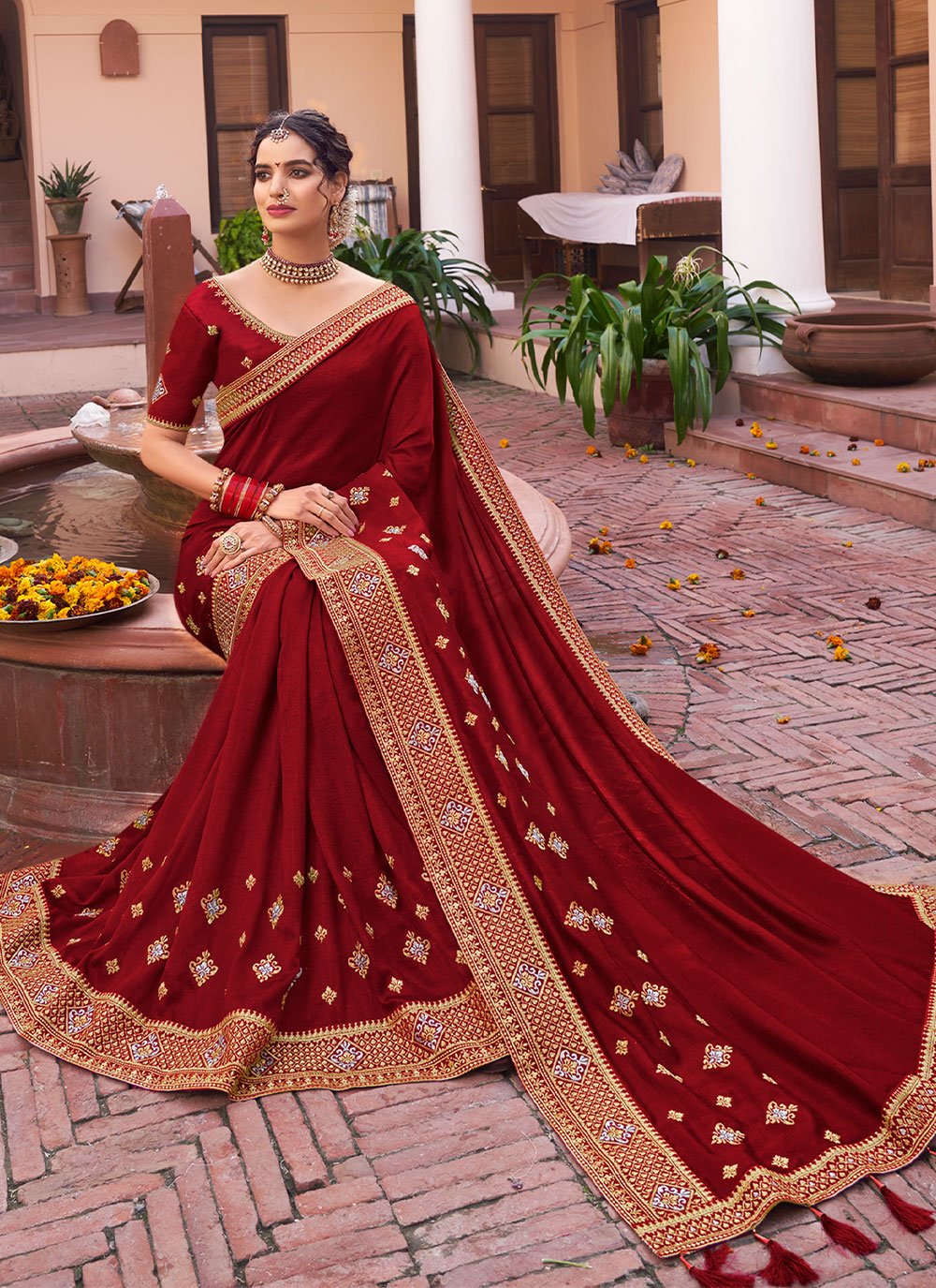 Classic Vichitra Silk Maroon Embroidered Saree