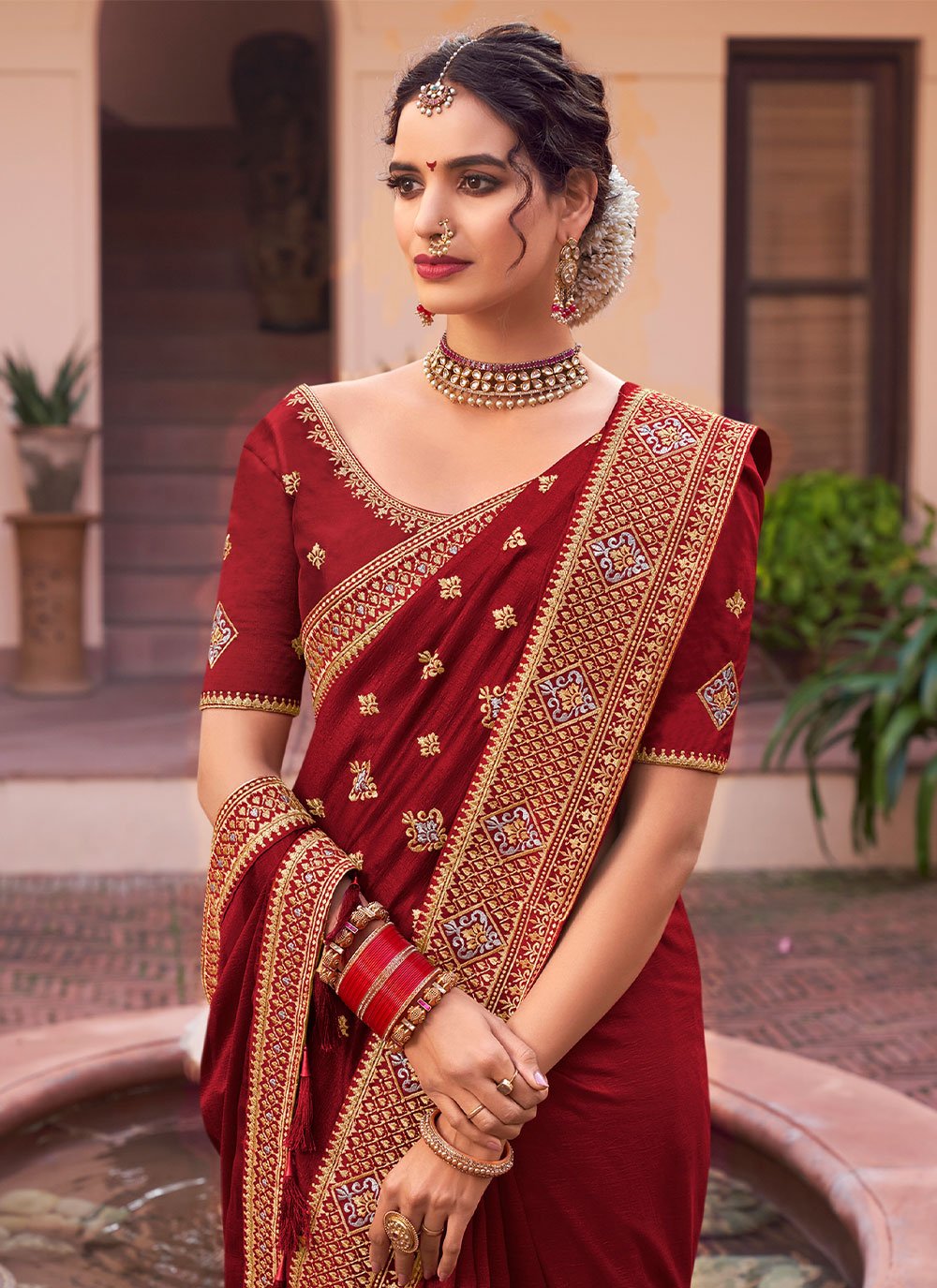 Classic Vichitra Silk Maroon Embroidered Saree