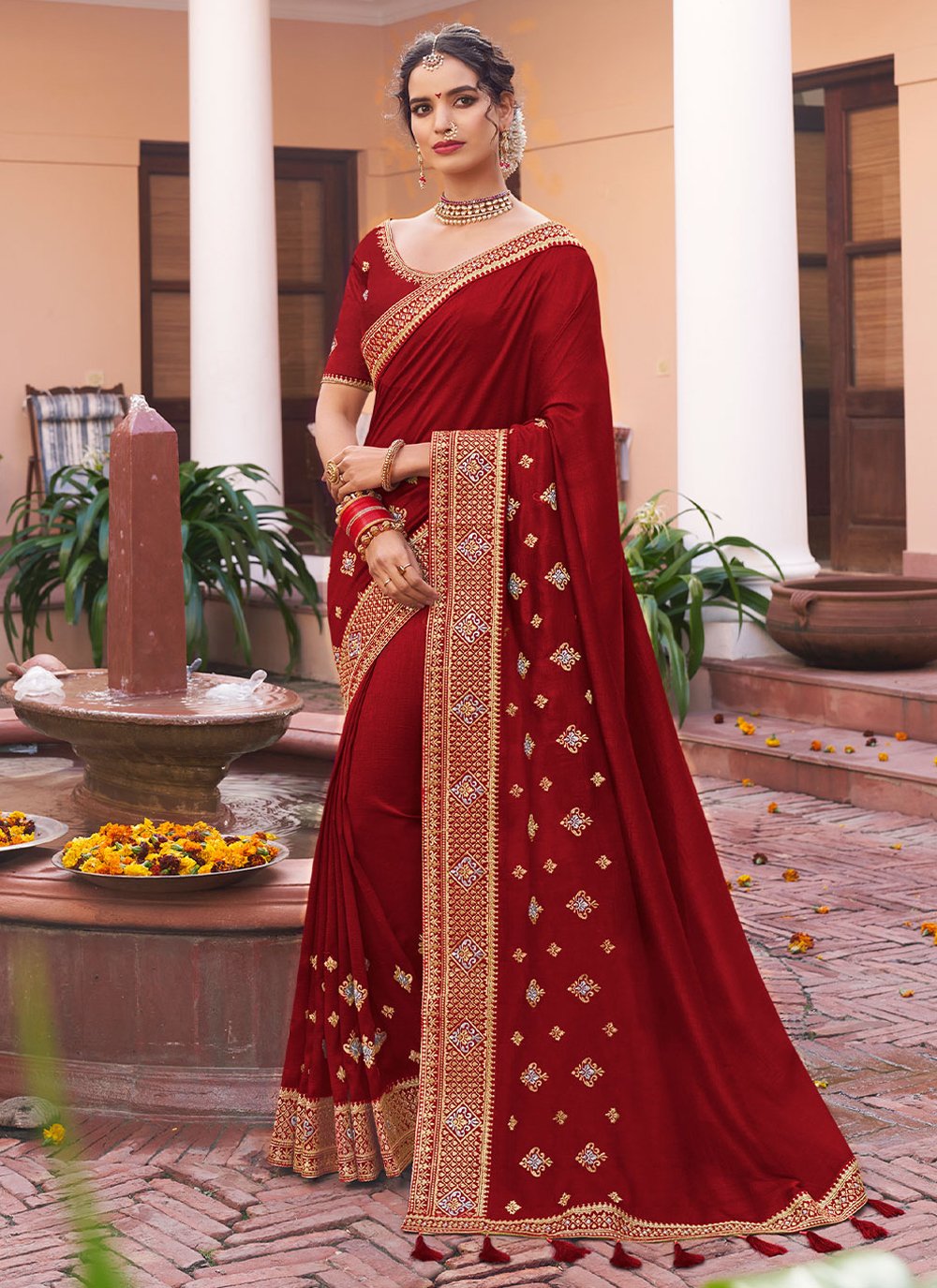 Classic Vichitra Silk Maroon Embroidered Saree