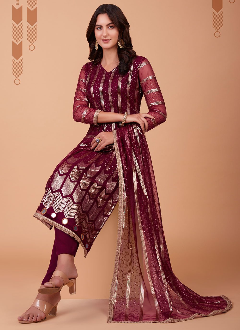 Floor Lenght Salwar Suit Net Maroon Embroidered Salwar Kameez