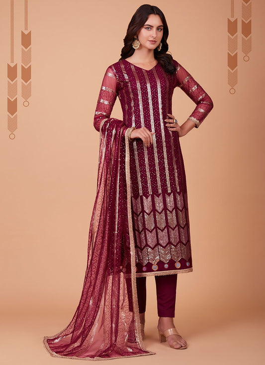 Floor Lenght Salwar Suit Net Maroon Embroidered Salwar Kameez