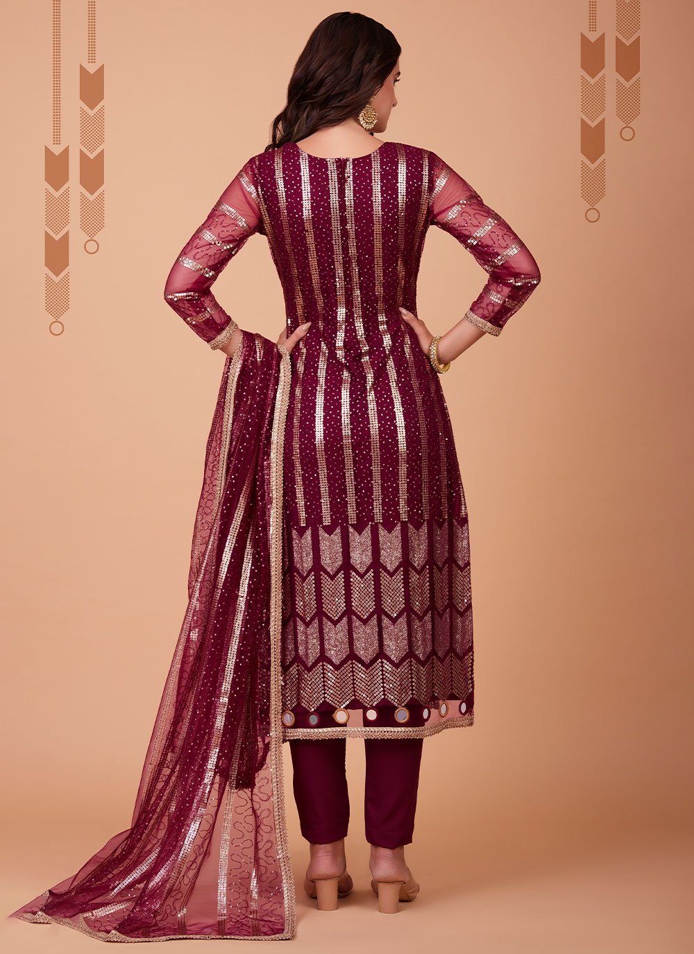 Floor Lenght Salwar Suit Net Maroon Embroidered Salwar Kameez