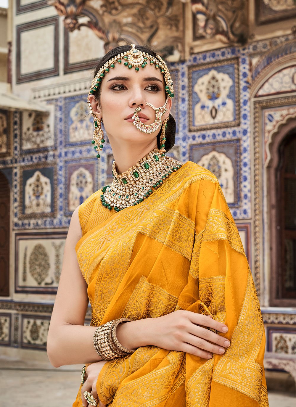 Contemporary Organza Pure Dola Mustard Lace Saree