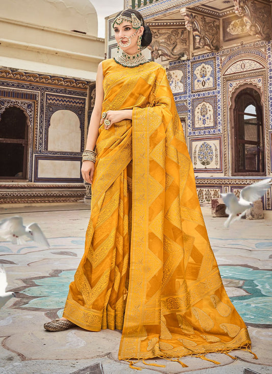 Contemporary Organza Pure Dola Mustard Lace Saree