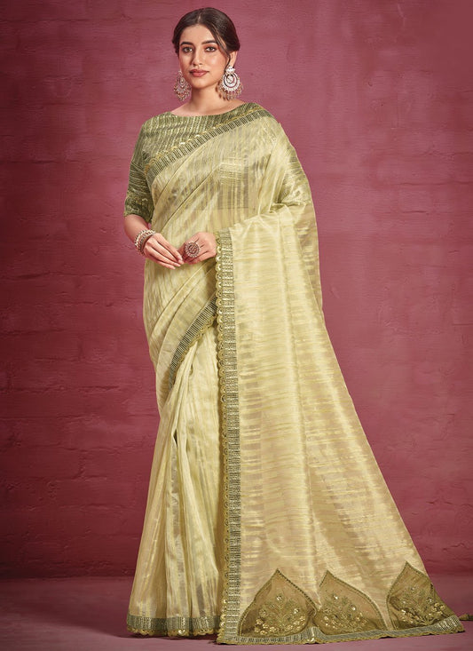 Classic Jacquard Organza Green Lace Saree