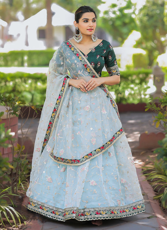 Lehenga Choli Organza Aqua Blue Embroidered Lehenga Choli