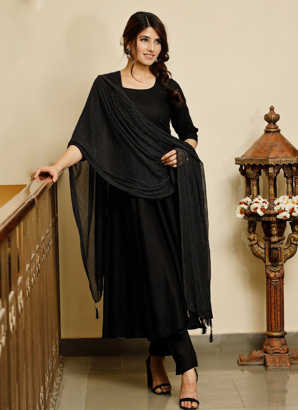 Pant Style Suit Rayon Black Lace Salwar Kameez