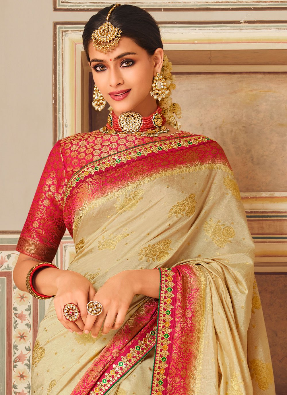 Designer Fancy Fabric Cream Pink Embroidered Saree