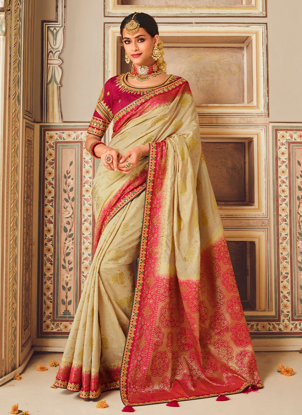 Designer Fancy Fabric Cream Pink Embroidered Saree