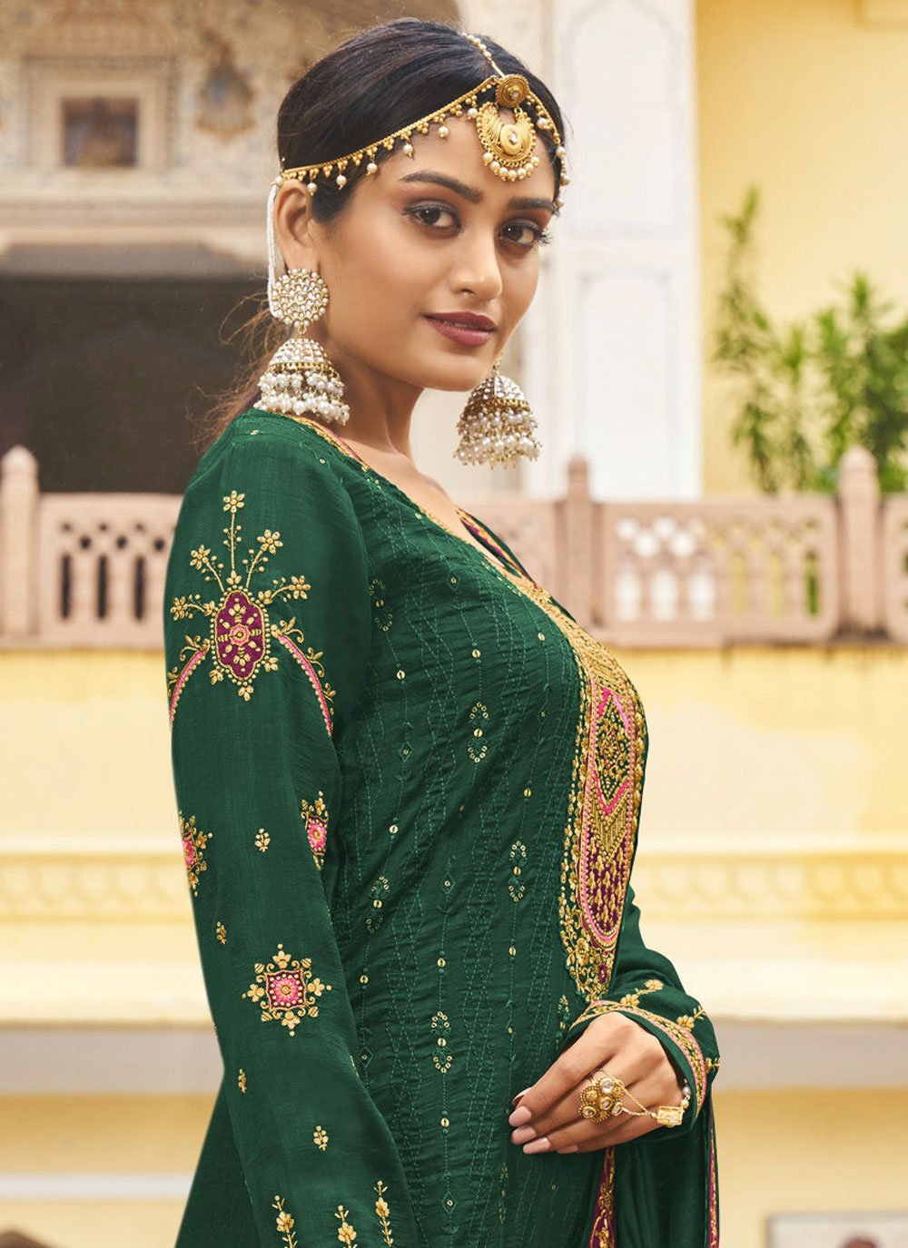 Floor Lenght Salwar Suit Vichitra Silk Green Embroidered Salwar Kameez