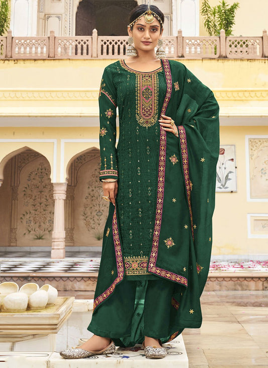 Floor Lenght Salwar Suit Vichitra Silk Green Embroidered Salwar Kameez