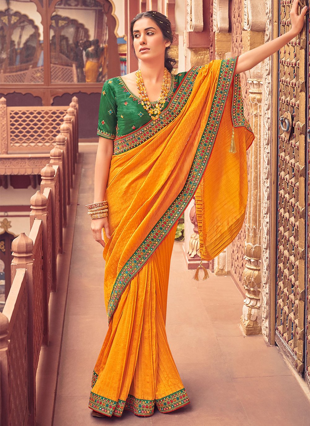 Classic Vichitra Silk Orange Embroidered Saree