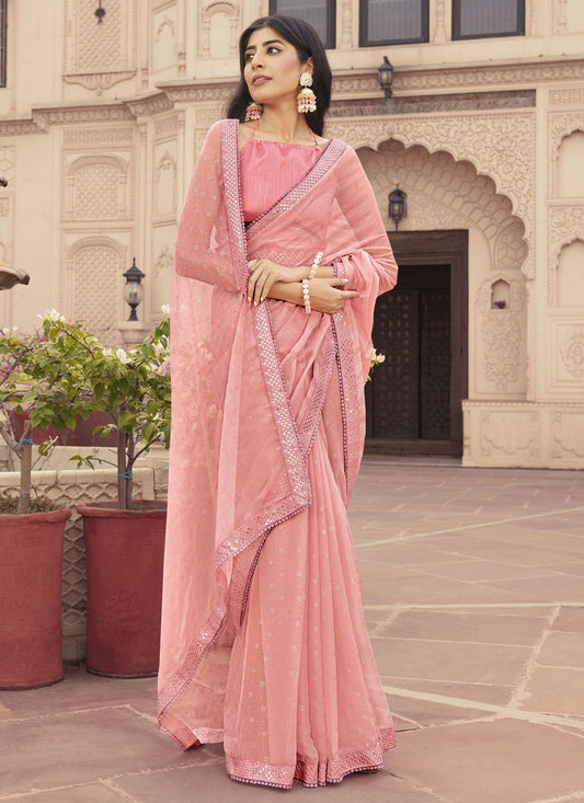 Trendy Saree Chiffon Pink Embroidered Saree