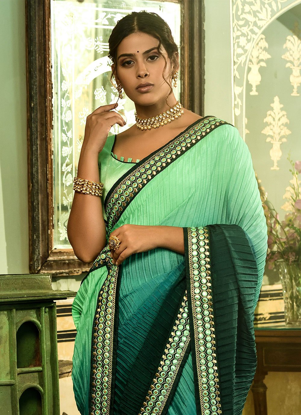 Trendy Saree Chinon Crush Rama Sea Green Embroidered Saree