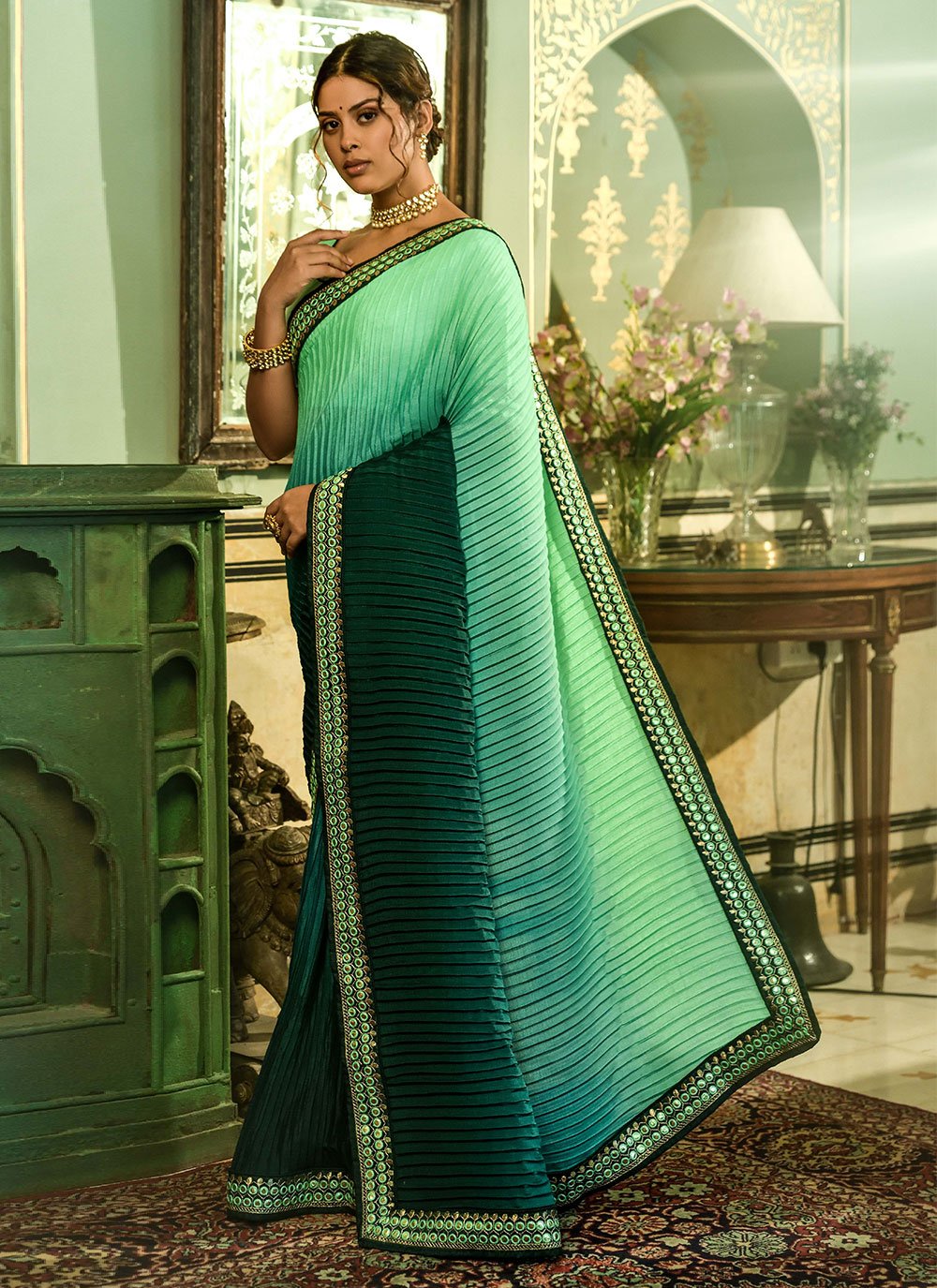 Trendy Saree Chinon Crush Rama Sea Green Embroidered Saree