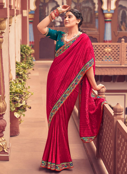 Trendy Saree Vichitra Silk Rani Embroidered Saree