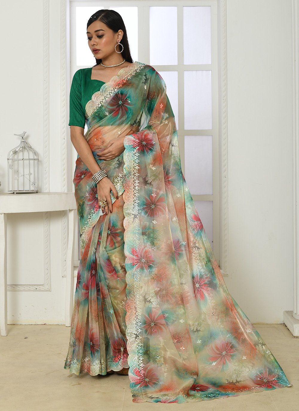 Contemporary Organza Silk Green Embroidered Saree